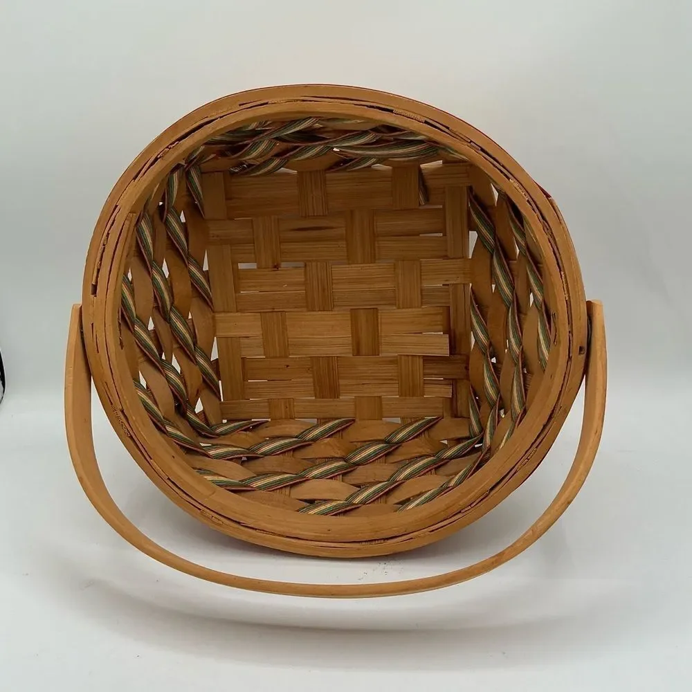 Striped Handwoven Round Basket Hinged Handle Pink/Green